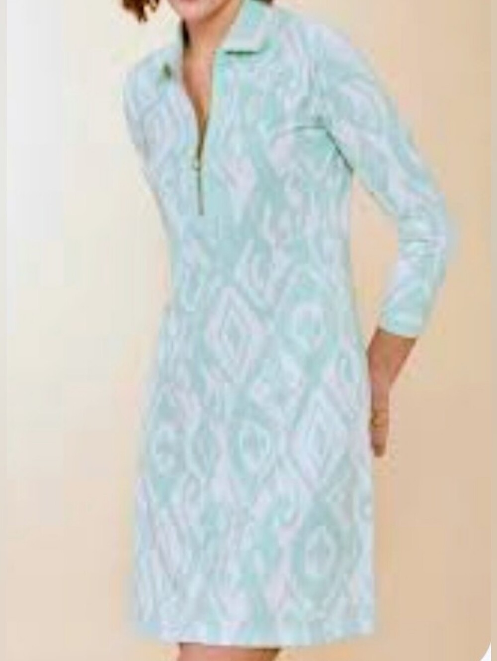 SPARTINA 449 Hadley Zip Dress M Clara Ikat Sea Foam Green 3/4 Sleeves